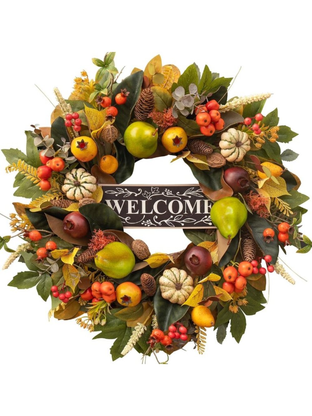 24-Inch Autumn Harvest Wreath for Front Door Decor with Pears & Leaves